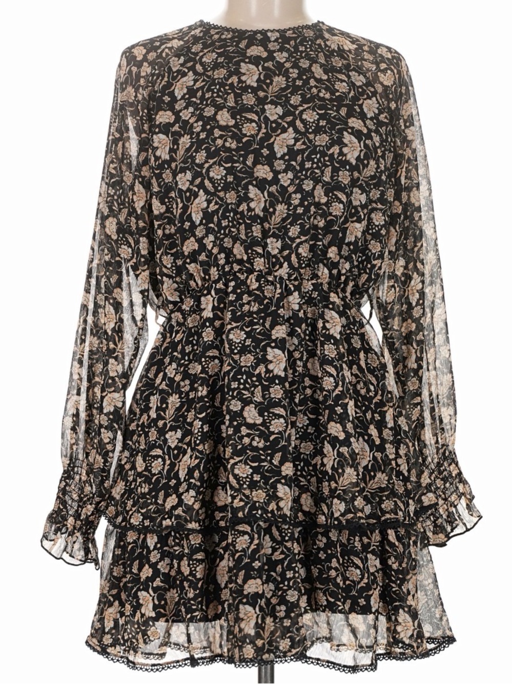 Zara Black Long-Sleeve Floral Mini Dress